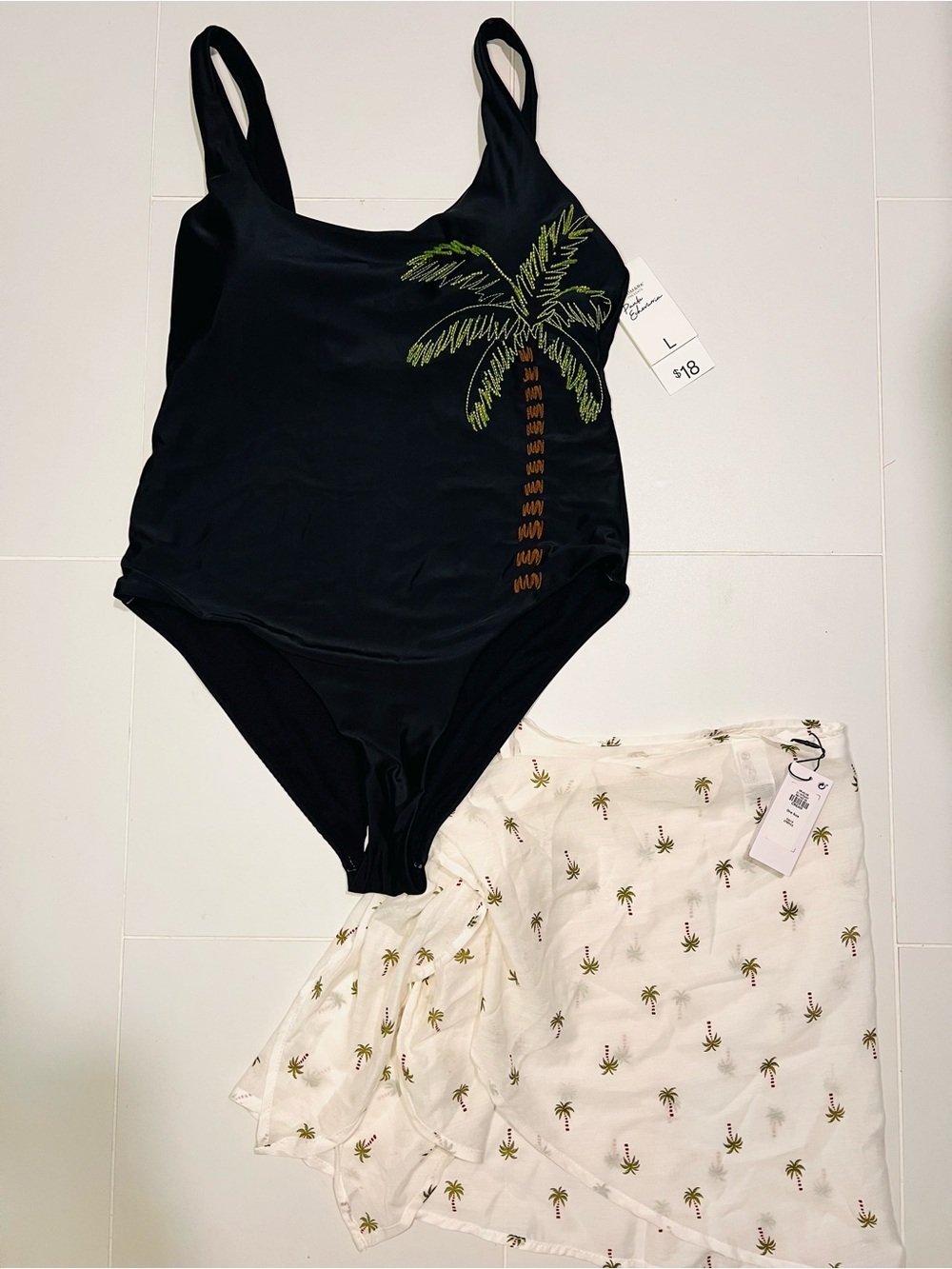 Primark Black One-Piece Swimsuit with Green and Brown Palm Motif